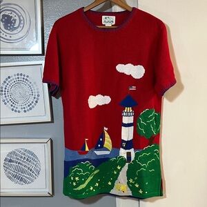 Vintage 90s Quacker Factory Short Sleeve Red Nautical Lighthouse Sweater Size M
